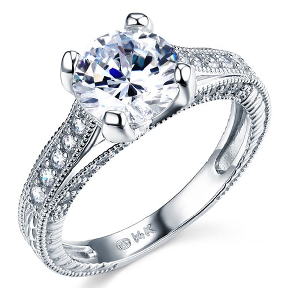 14k Art Deco Engraved 1-CT Round-Cut CZ Ring
